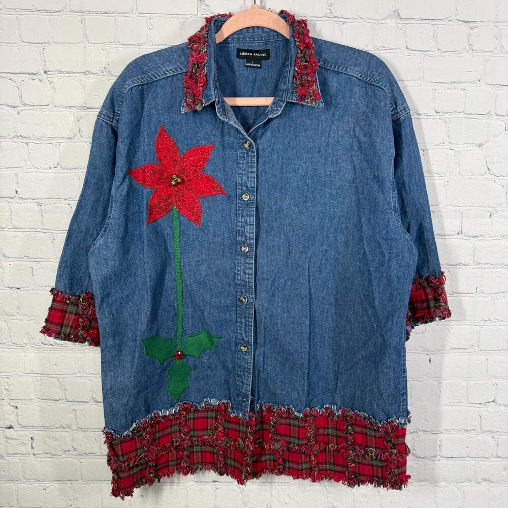 VTG Sierra Pacific Denim Christmas Shirt Women Large Poinsettia Plaid Festive